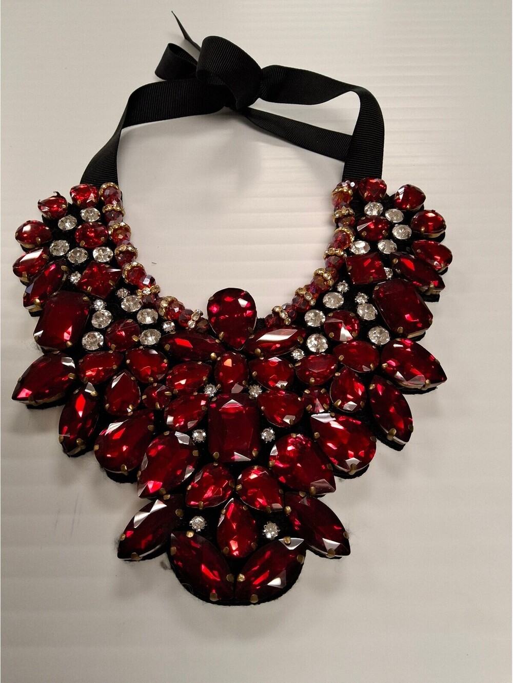 Statement Red and Clear Crystal Bib Necklace with Black Ribbon Tie